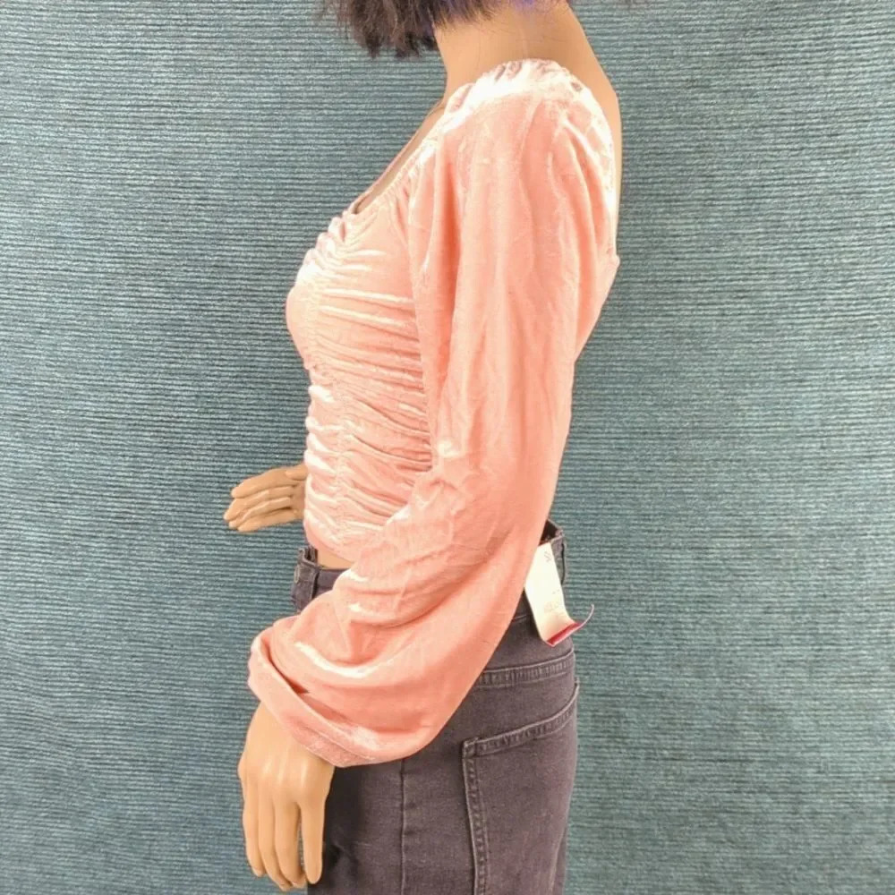 Barbie Pink Velvet Long Sleeve Ruched Crop Top, Square Neckline Juniors - Picture 6 of 13